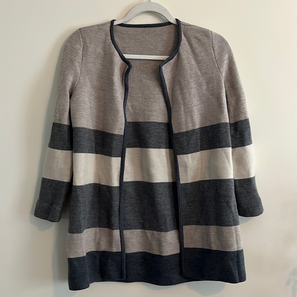 Talbots Merino Wool Open Cardigan Sweater neutral minimalistic gray tan cream